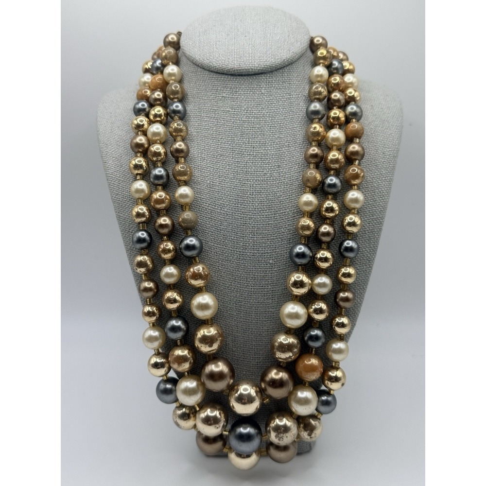 Vintage Faux Pearl Necklace Triple Strand Gold Tone Blue Cream Orange 14-15.5"